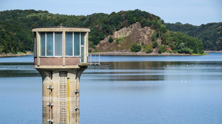 Drinking Water Reservior with concrete tower in middle of water